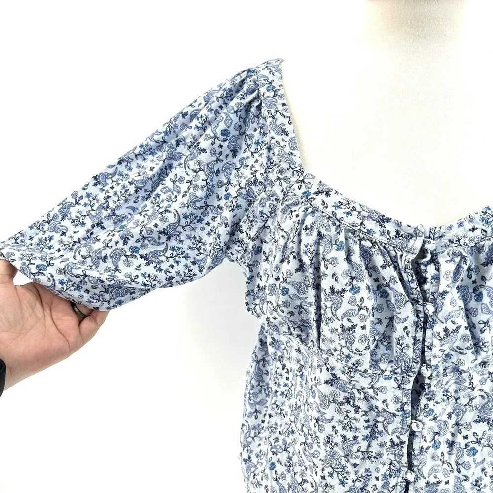 Cottagecore Blue Floral Peasant Top L Petite‎ Puff Sleeve Milkmaid Boho Romantic